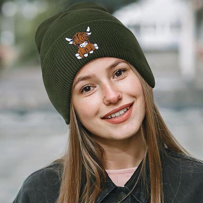 Scottish Highland Cow Beanie Hat, Cute Funny Cow Embroidery Winter Knit Skull Cap for Adult Men Women