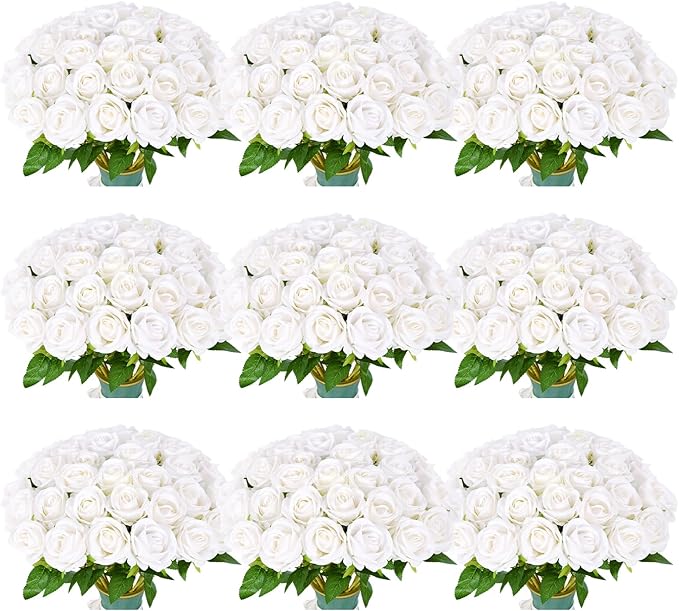 102 PCS White Roses Artificial Flowers, Fake White Roses Bouquet,White Artificial Silk Roses with Stems for Wedding Flowers Decoration, Valentines Day Mothers Day, Bridal Bouquet Roses