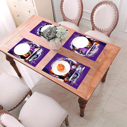 PVC Placemats Set of 6 Wipeable Table Mats Washable Heat Resistant Non Slip Vinyl Dining Table Mat for Kitchen Indoor Outdoor Patio Farmhouse Place Mats Purple Halloween Magic Cauldron Decorative