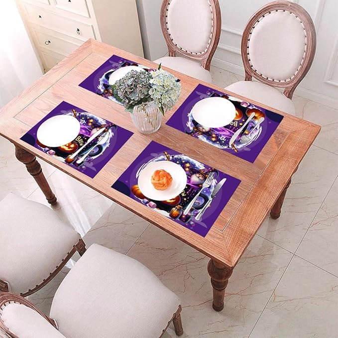 PVC Placemats Set of 1 Wipeable Table Mats Washable Heat Resistant Non Slip Vinyl Dining Table Mat for Kitchen Indoor Outdoor Patio Farmhouse Place Mats Purple Halloween Magic Cauldron Decorative