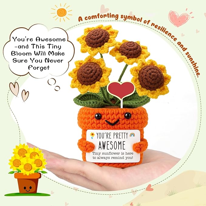 Mini Inspirational Gifts for Women Handmade Positive Crochet Affirmation Sunflower for Teacher, Mentor, Nurse, Coworker, Emotional Cheer Up Support, Birthday, White Elephant Christmas Stocking Stuffer