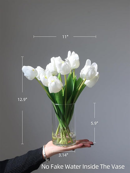 10pcs Fake Faux Tulips in Vase,Silk White Tulipanes Tulips Artificial Flowers Real Touch Arrangements with Vase for Desk Table Decoration Home Decor