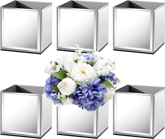 Set of 6 Mirrored Square Glass Vases 4" x4" x4", Silver Flower Vases for Centerpieces, Square Glass Cube Vase Candle Holder for Wedding, Party, Home Office Decoration