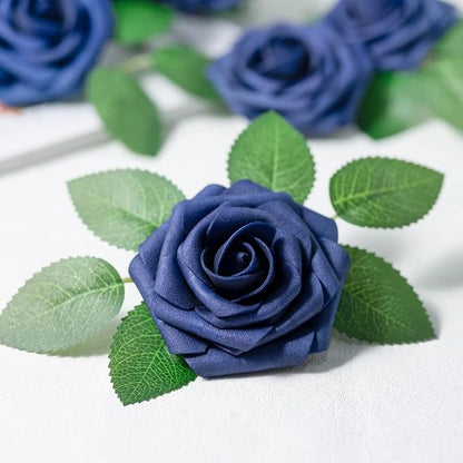 Mocoosy 50Pcs Roses Artificial Flowers, Navy Blue Fake Roses for Decorations, Real Touch Foam Rose Bulk with Stems DIY Wedding Bouquets Bridal Shower Centerpieces Floral Arrangements Party Home Decor