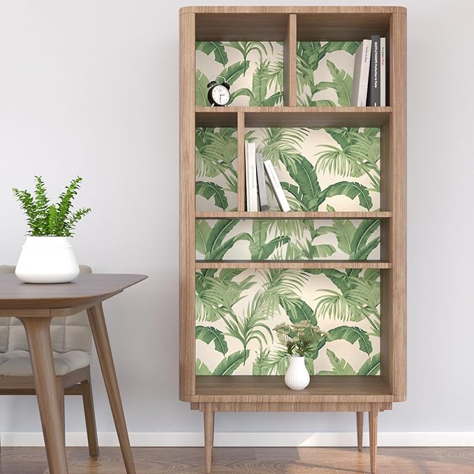 Green Leaf Wallpaper Peel and Stick, Beige Tropical Contact Paper 17.5" x 393.7", Palm Leaves Wall Paper Self Adhesive Waterproof Removable for Room Shelves Cabinet Drawer Table Decor