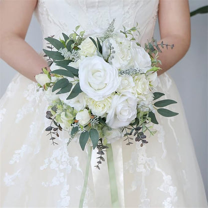 Wedding Bouquet Artificial Roses Flower Bride Bridal Bouquets Handmade Silk White Rose Flower Wedding Bridal Bouquets for Church Party Home Decoration
