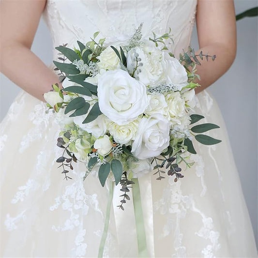 Wedding Bouquet Artificial Roses Flower Bride Bridal Bouquets Handmade Silk White Rose Flower Wedding Bridal Bouquets for Church Party Home Decoration