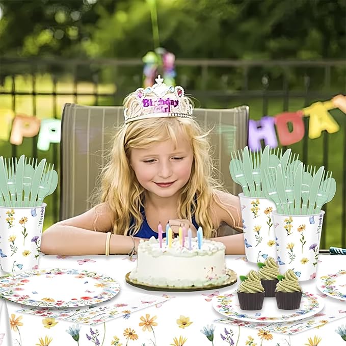 141Pcs Wildflower Party Decorations Spring Floral Birthday Decorations for 20 Guests - Tableware Plates and Napkins Forks Cups Straws Tablecloth for Baby Shower Party Decorations