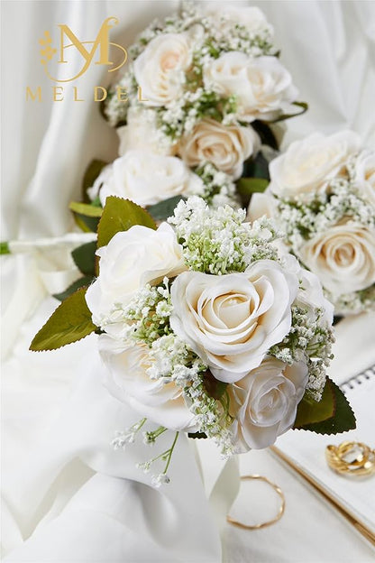 Meldel 6.5 Inch Bridesmaid Bouquet Set of 6, Ivory Wedding Bouquets for Bridesmaids, Small Bridesmaid Bouquets for Wedding, Artificial Wedding Bouquet Flower, Floral Wedding Centerpieces