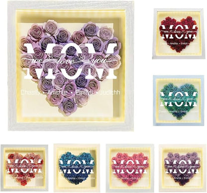 Personalized Mom Flower Shadow Box with LED Light Custom Heart Shaped Rose Flower Shadow Box Frame Mother's Day Rose Shadowbox Memory Gifts for Mom from Daughter Christmas Birthday,21