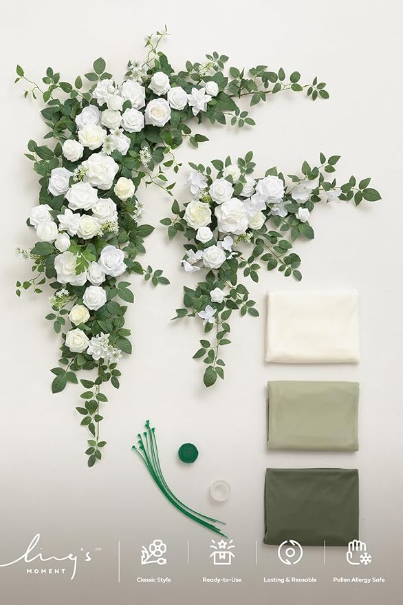 Ling's moment Wedding Arch Flowers with Drapes Kit-Pack of 5, 2pcs Flower Arrangements 3pcs Sheer Hanging Drapes Ceremony Arbor Backdrop Artificial Rose Floral Decor, White & Sage