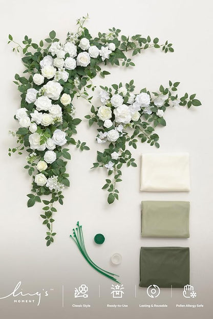 Ling's moment Wedding Arch Flowers with Drapes Kit-Pack of 5, 2pcs Flower Arrangements 3pcs Sheer Hanging Drapes Ceremony Arbor Backdrop Artificial Rose Floral Decor, White & Sage