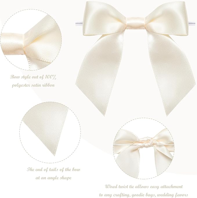 WRAPAHOLIC 30 Pcs 3" Ivory Satin Ribbon Bows with Twist Tie - Pretied Premade Craft Bows for Christmas Party Crafts Treat Bags Gift Wrapping Wedding Birthday Baby Shower