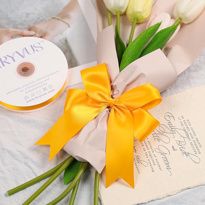 Yellow Gold Satin Ribbon, Double Faced 1-1/2 Inch X 25 Yards Yellow Gold Ribbon, Premium Satin Ribbon for Gift Wrapping, Crafts, Hair Bow Making, Sewing, Flower Bouquet, Wedding Party Decor