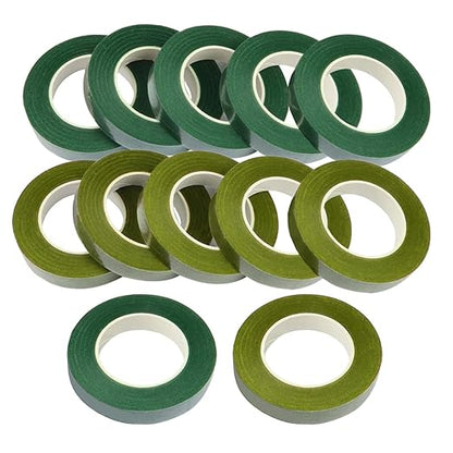 12 Rolls 1/2 Inch 30 Yard Green Floral Tape for Bouquet Stem Wrapping - Adhesive, Waterproof and Flexible (Olive Green+Dark Green)