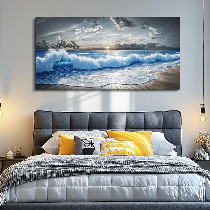 PHAOHUAXM Large Canvas Wall Decor For Living Room Wall Art For Bedroom Office Dining room Decor Modern Black White And Blue Ocean Wave Painting Printed Artworks Wall Pictures Home Decor 24"X48"