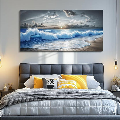 PHAOHUAXM Large Canvas Wall Decor For Living Room Wall Art For Bedroom Office Dining room Decor Modern Black White And Blue Ocean Wave Painting Printed Artworks Wall Pictures Home Decor 24"X48"