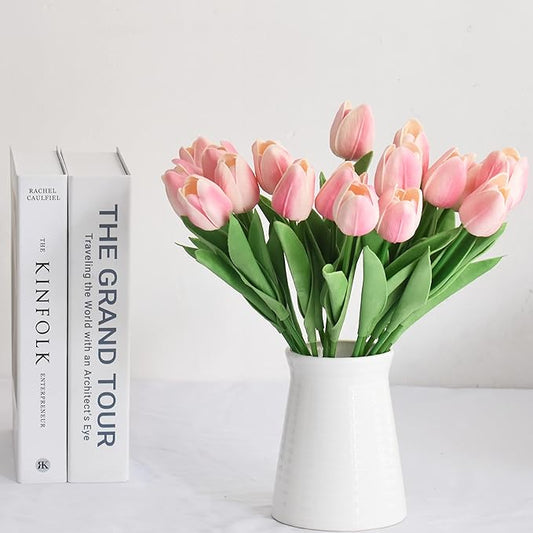 20pcs Artificial Tulips Flowers Fake Faux PU Tulip Bouquet Real Touch Flower Arrangement for Home Room Office Party Wedding Decoration Excellent Gift Idea for Mothers Day (Light Pink 20)
