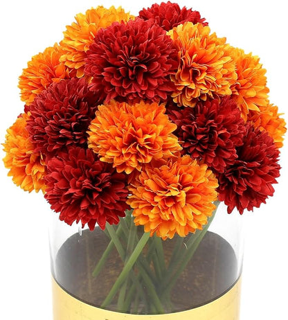 20Pcs Artificial Fake Flower Plants Silk Chrysanthemum Ball Hydrangea Arrangements Wedding Bouquets Decor Home Kitchen Garden Party Table Floral Centerpieces DIY (Red&Orange)
