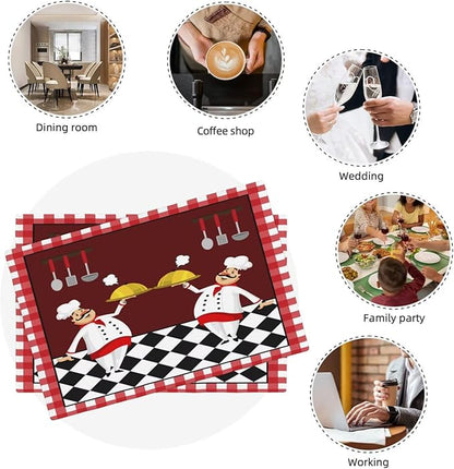 Fat Chef Kitchen Linen Placemats Set of 4 Red Plaid Cooking Theme Placemats for Indoor Outdoor Party Home Desktop Dining Room Decor 12x18 Inch
