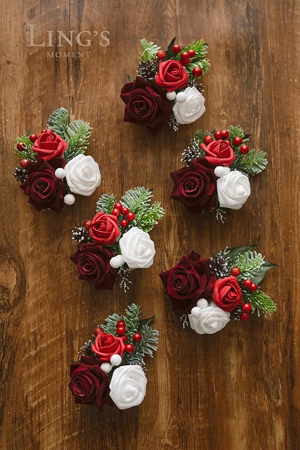 Ling's moment 6pcs Wedding Wrist Corsage Artificial Flowers, Girl/Mother Homecoming Prom Corsages Wristlet Décor, etc. Christmas Red Berry