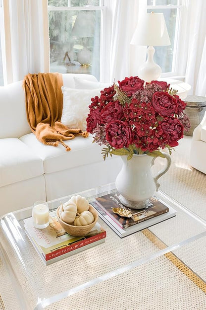 Hollyone 2 Bundles Artificial Fall Flowers Bouquet 18.8" Red Peony Hydrangea Fake Fall Floral Silk Flowers Autumn Faux Flower Arrangement for Home Wedding Table Centerpieces Thanksgiving Party Decor