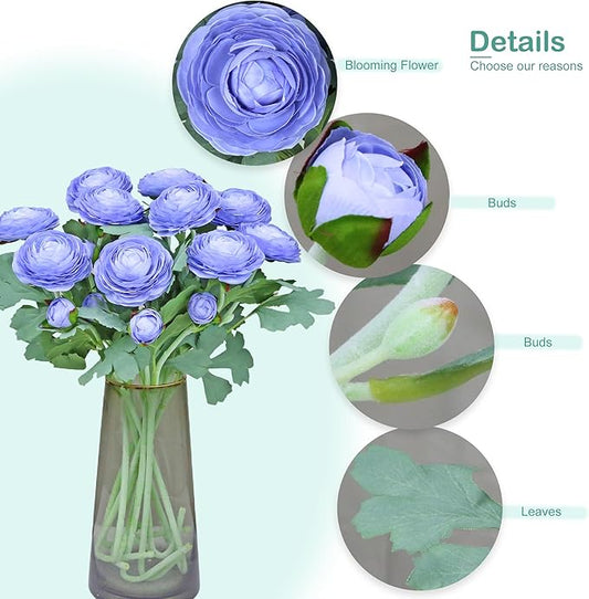 Artificial Ranunculus Flowers with Real Touch Stem,Silk Ranunculus Flowers (Blue, 6pcs)