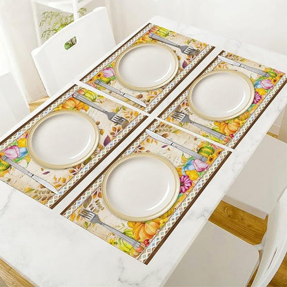 Fall Pumpkin Kitchen Placemats Vintage Rustic Farmhouse Aztec Pumpkins Maple Leaves Sunflowers Harvest Thanksgiving Placemats Table Kitchen Dining Party 12x18 Inch Set of 6
