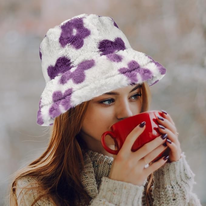 Winter Soft Faux Fur Plush Bucket Hat, Lovely Fisherman Cap, Fashion Outdoor Thick Warm Sun Cap for Women