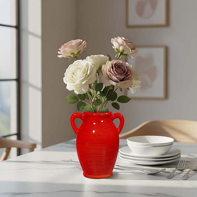 Sunddo Red Flower Vase for Home Decor, Modern Ceramic Vase for Centerpieces, Decorative Vase with 2 Handles, Kitchen, Bedroom, Office, Living Room & Bathroom, Shelf Decor, 8 Inch