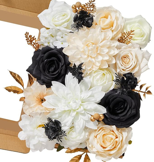 Serwalin Artificial White & Black & Champagne Flowers, Silk Fake Flowers for DIY Wedding Bouquets Cake Flowers, Table Centerpieces Baby Shower Birthday Party Home Decorations