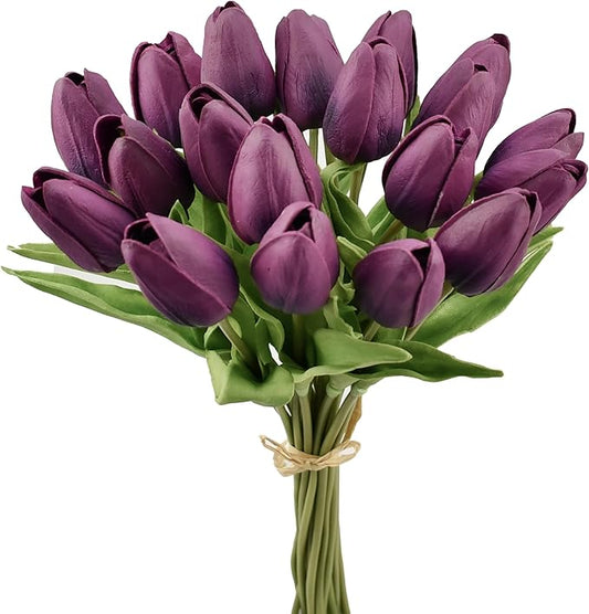 Mandy's Artificial Tulips 20 Stems Grape Purple PU Faux Flowers for Thanksgiving and Christmas Decorations Wedding Home Decor 13.5 Inch
