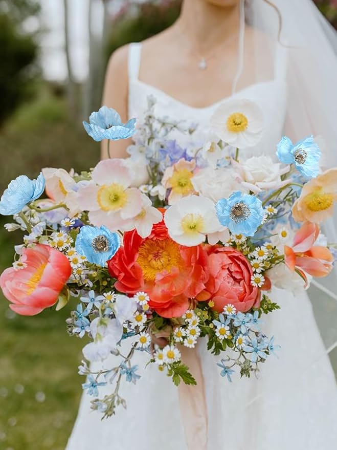 IPOPU Sky Blue Artificial Poppy 6pcs Light Blue Fake Poppies Baby Blue Silk Flowers for Baby Shower Centerpieces Bridal Shower Party Decorations (Sky Blue)