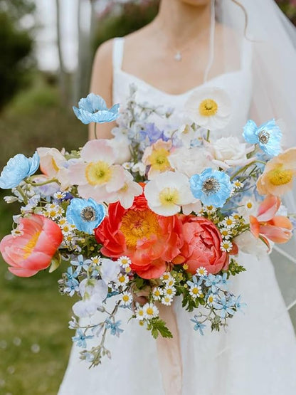 IPOPU Sky Blue Artificial Poppy 6pcs Light Blue Fake Poppies Baby Blue Silk Flowers for Baby Shower Centerpieces Bridal Shower Party Decorations (Sky Blue)