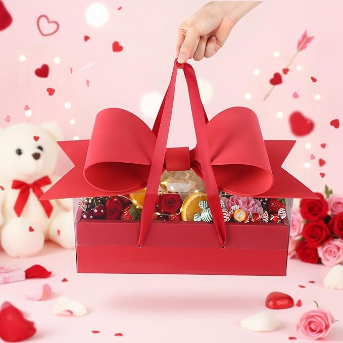 AceOrbit 1 Set Flower Gift Box with Bow Paper Empty Large Red Gift Baskets with Lid and Handle Squared Cardboard Fillable Present Chocolate Packaging for Christmas Valentine Birthdays Bridal Wedding