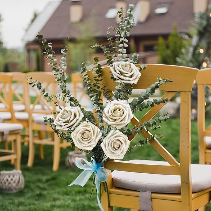Artificial Flowers, 50pcs Champagne Light Gold Rose for DIY Wedding Bouquets Centerpieces Arrangements, Artificial Rose with Stem for Bridal Shower Party Home Decorations