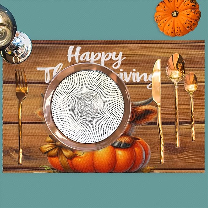Thanksgiving Pumpkin Highland Cow Placemats Set of 6 PVC Vinyl Non Slip Table Mats Heat Resistant Place Mats Washable Wipeable Dining Table Mat for Kitchen Decor Party Indoor Outdoor Decorative Gift