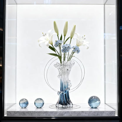 9.8" H Blue Blown Glass Vase, Modern Art Hand Blown Coastal Vase,Beautiful Unique Ocean Wave Centerpieces for Living Room, Bedroom, Office Desktop,Coffee Table and Wedding Decorative (M)