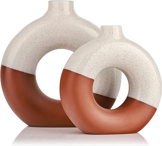 Terracotta Vase Decor Donut Vase Set of 2 - Circle Hollow Vases, Modern Matte Ceramic Vases for Entryway Living Room Bedroom Dining Table Centerpiece Office Home Decor