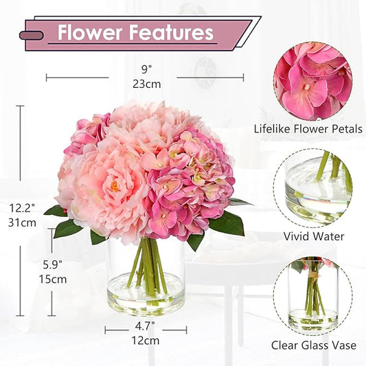 Hollyone Artificial Flowers Arrangements in Vase Pink Peonies and Hydrangea with Faux Water Faux Peony Hydrangea Flowers Silk Hydrangeas Fake Flower with Vase for Table Centerpiece Shelf Home Decor