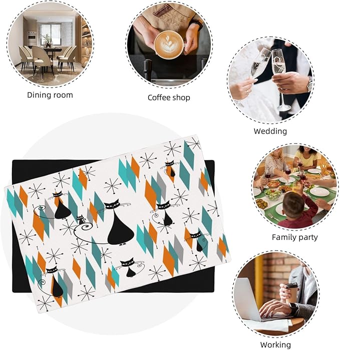 Mid Century Placemats, Modern Minimalist Art Abstract Geometric Atomic Star Explosion Black Cat Print Washable Fabric Placemats Table Kitchen Dining Party 12x18 Inch Set of 6