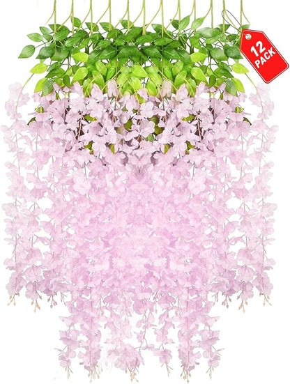 12 Pack Pink Wisteria Hanging Flowers, 3.44 Ft Fake Hanging Flowers, Artificial Wisteria Garland Vines for Wedding Room Backdrop Outdoor Patio Garden Decoration