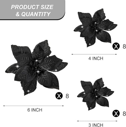 WILLBOND 24 Pcs 3 Size Poinsettia Flower Artificial Christmas Decor Glitter Poinsettia Christmas Ornaments Faux Flowers for Xmas Tree Outdoor(3.2/4/6 Inches,Black)