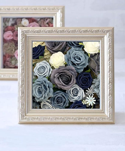 Roses Artificial Flowers Dusty Blue Silk Bulk for DIY Wedding Bouquets Bridal Baby Shower Decorations Fake Floral Arrangements for Party Table Centerpieces Home Decor Indoor Navy Royal Box Set