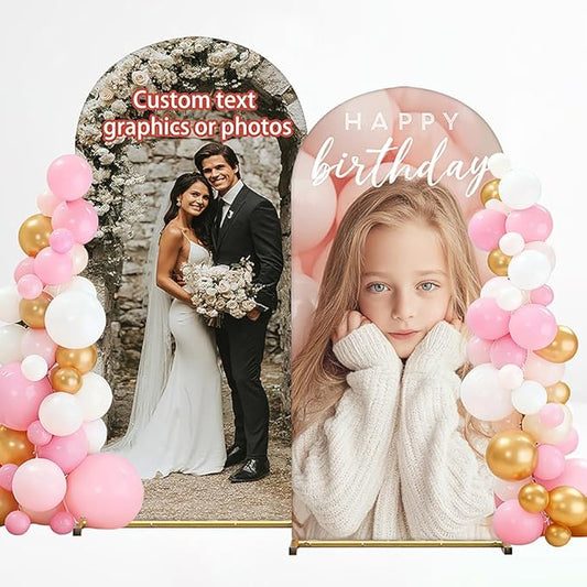 Customizable Arch Backdrop Stand and Cover Set – Featuring a Golden Metal Arch Stand, Customizable with Your Desired Images/Photos. Suitable for Baby Showers, Weddings, Festivals, Birthdays