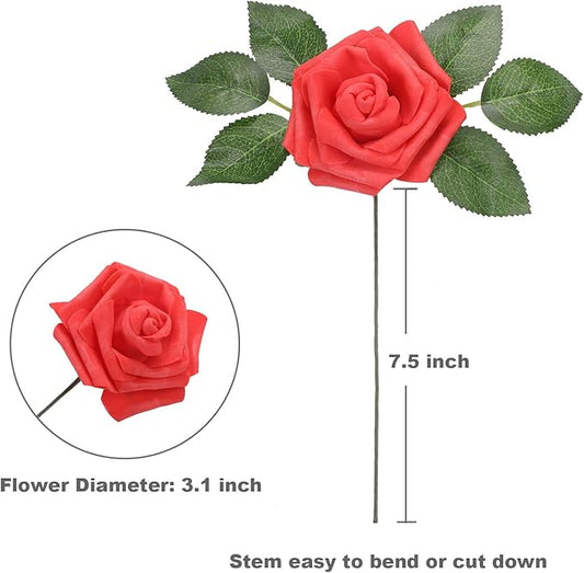 Artificial Rose Flowers 50pcs Red Fake Roses Artificial Foam Roses Real Looking w/Stem for DIY Wedding Bouquets Centerpieces Bridal Shower Party Home Cake Flower Decoration (Classic Red, 50 pcs)