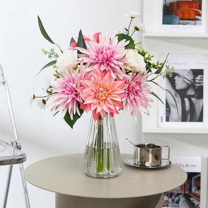 Artificial Flowers with Vase – Faux Silk Dahlia & White Roses Floral Arrangement, Elegant Fake Flower Bouquet for Wedding, Home Décor, Dining Table Centerpiece, Office, Farmhouse Decoration