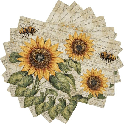 Vintage Sunflower Bee Placemats Set of 6 Washable Table Mats Rustic Spring Summer Floral Heat-Resistant Cotton Linen Place Mats for Dining Table Kitchen Indoor Outdoor Party Holiday Decor