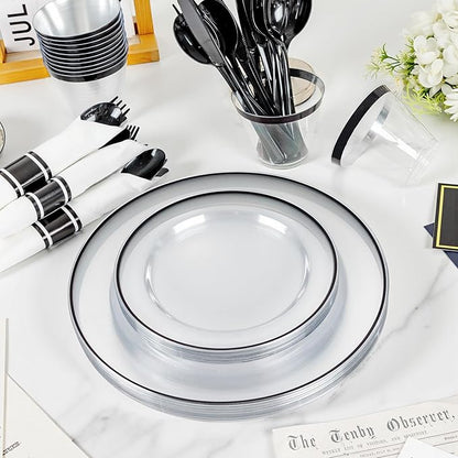 SUT 350 Pcs Black and Clear Plastic Dinnerware Set for 50 Guests, Include: 50 Dinner Plates, 50 Dessert Plates, 50 Pre Rolled Napkins With Silverware, 50 Cups, Disposable Plates for Party