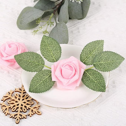 IPOPU Artificial Roses,25pcs Pink Roses Artificial Flowers Glitter Flowers Foam Rose with Stem for DIY Wedding Bridal Bouquet Home Party Decoration(Pink)